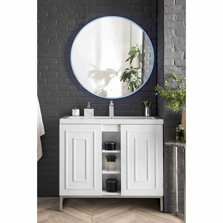 James Martin Vanities Alicante 39.5in Single Vanity, Glossy White, Brushed Nickel w/ White Glossy Composite Stone Top E110V39.5GWBNKWG